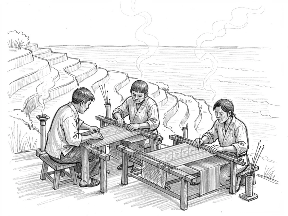 A rich travel moment capturing artisans weaving colorful textiles by hand on terraced hillsides overlooking the sea, with incense smoke curling gently upward.