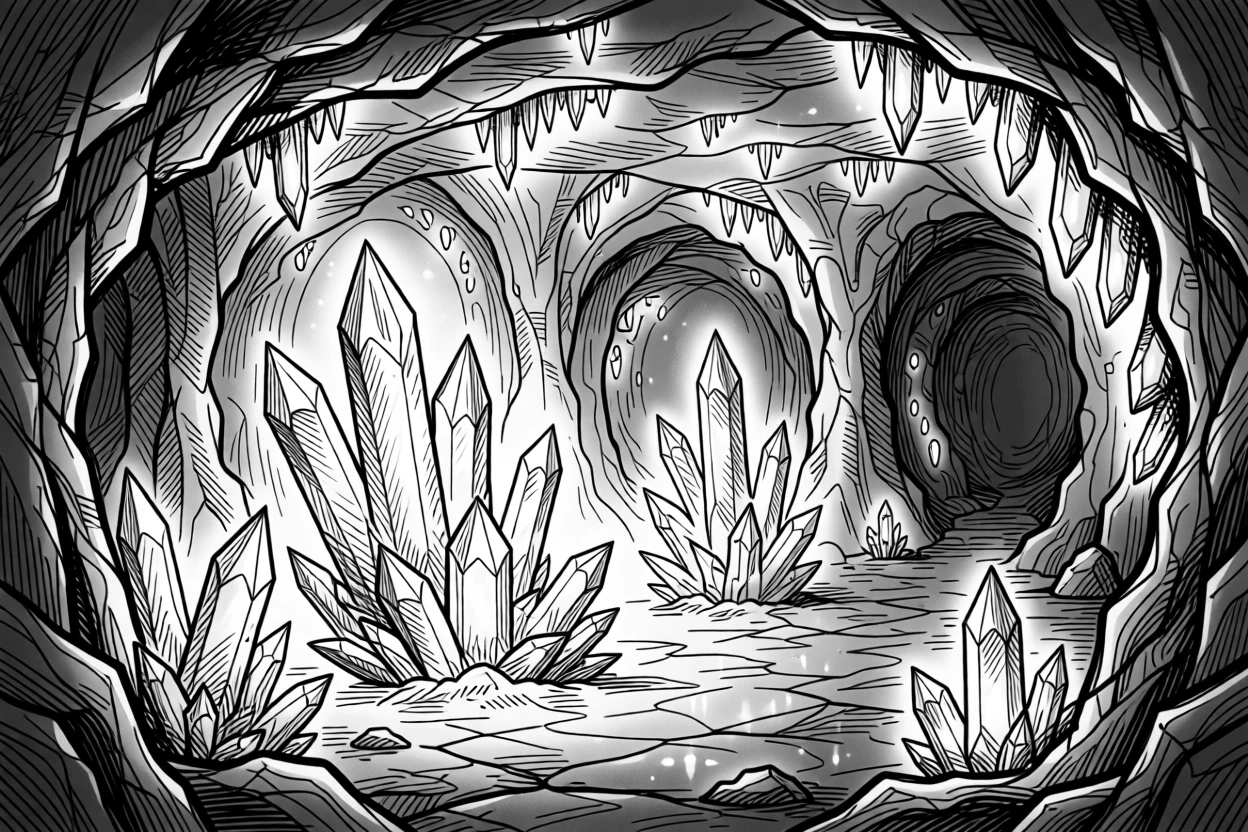 A crystal cave glowing with soft light from thousands of embedded gems.