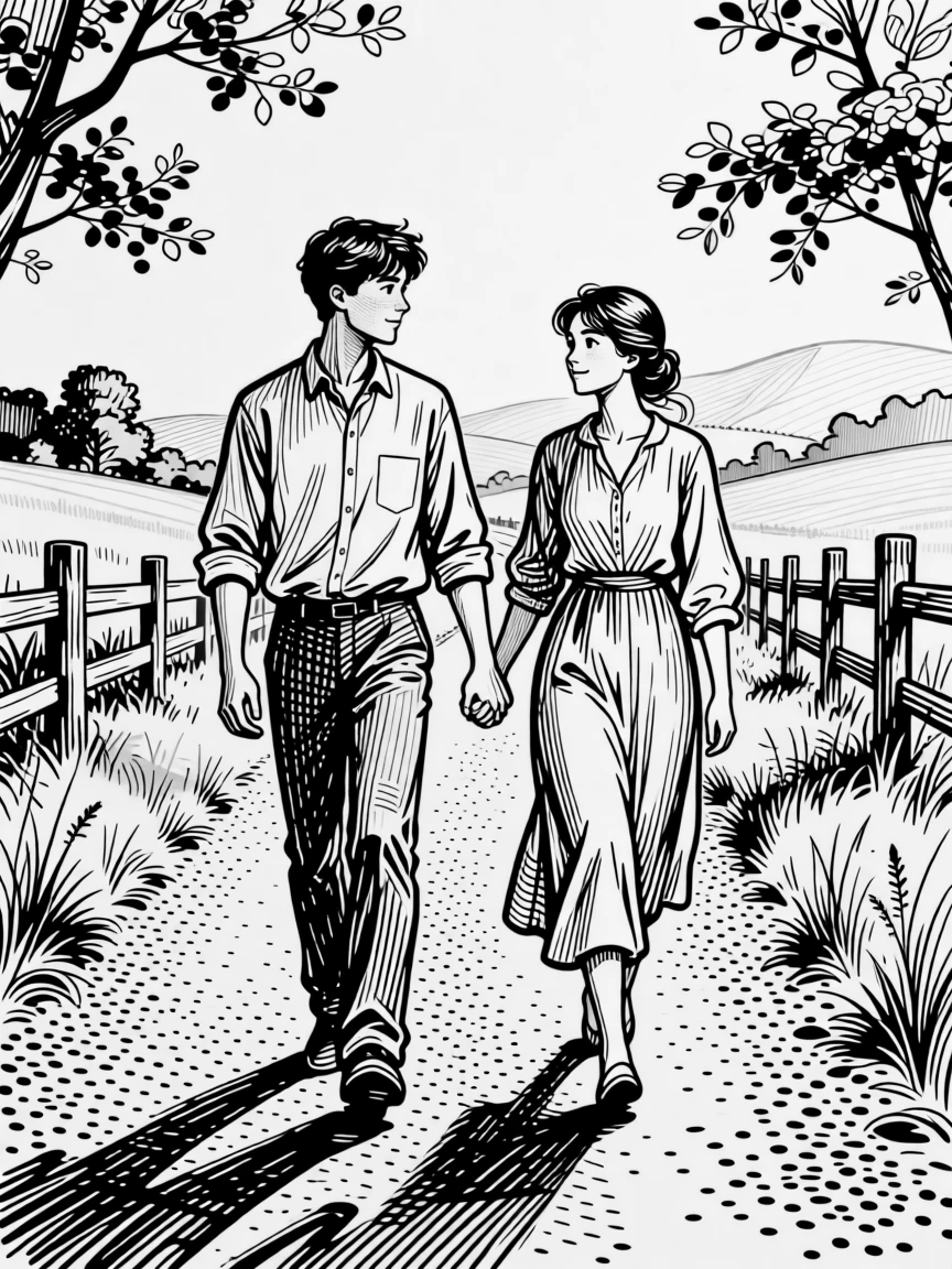 A young couple walking hand in hand on a quiet countryside road, with a look of quiet contentment, creating a warm and heartfelt lifestyle scene.