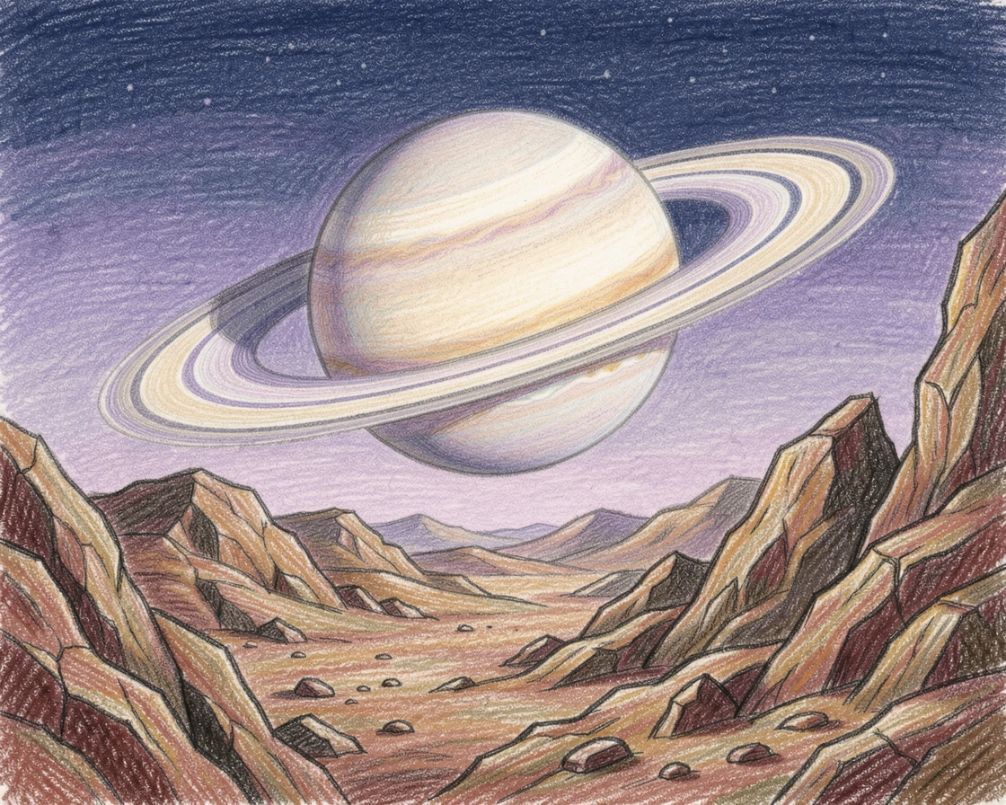 A ringed planet rising above a rocky alien landscape, with rich, inviting textures throughout the scene, perfect for anyone drawn to gentle, heartfelt imagery.
