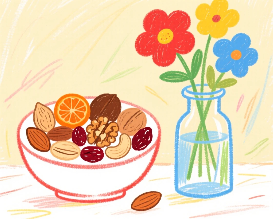 A bowl of mixed nuts and dried fruit set beside a vase of fresh flowers.