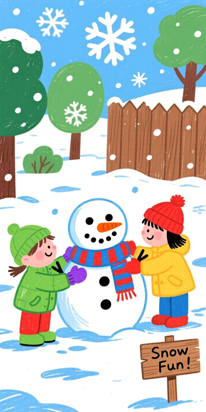 Children building a snowman with a scarf and carrot nose in a snowy yard.
