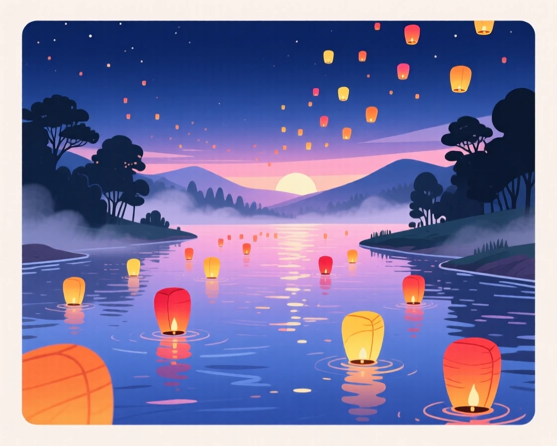 A vibrant floating lantern release over a calm river at night, with soft morning light illuminating the scene, composed with a dreamy sense of wanderlust and adventure, with a nostalgic, postcard-like charm.