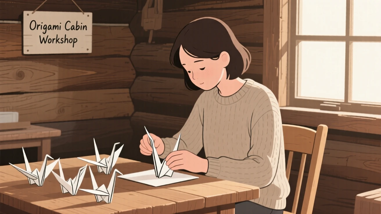 A person folding origami cranes in a rustic cabin.