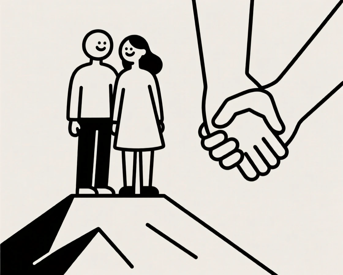 A pair of best friends standing in a mountain summit, embodying a feeling of overwhelming joy, with a pair of clasped hands nearby.