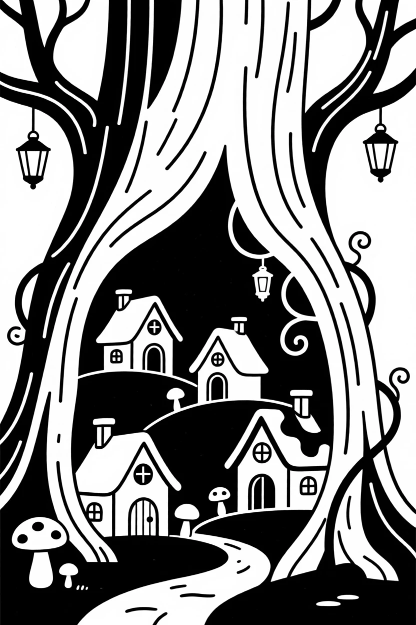 A fairy village hidden inside a giant tree.