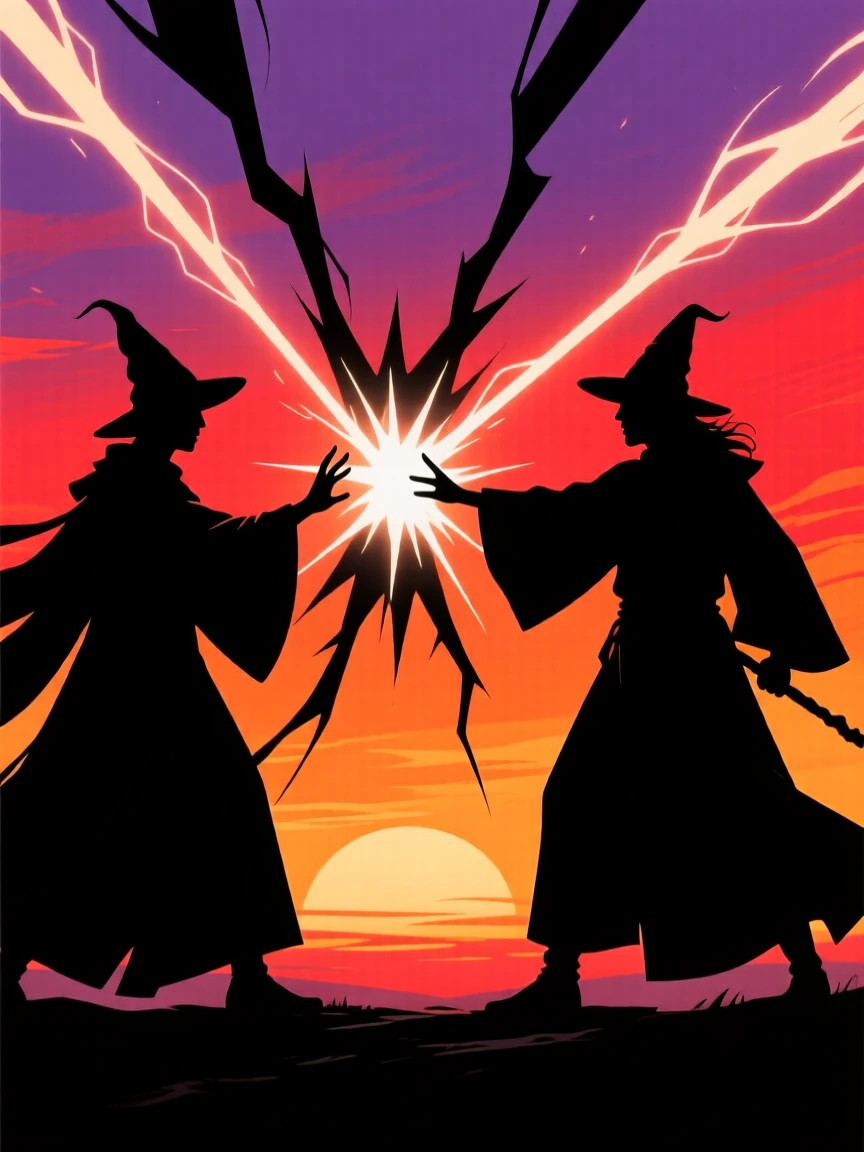 A wizard duel with two beams of magical energy crashing together mid-air.
