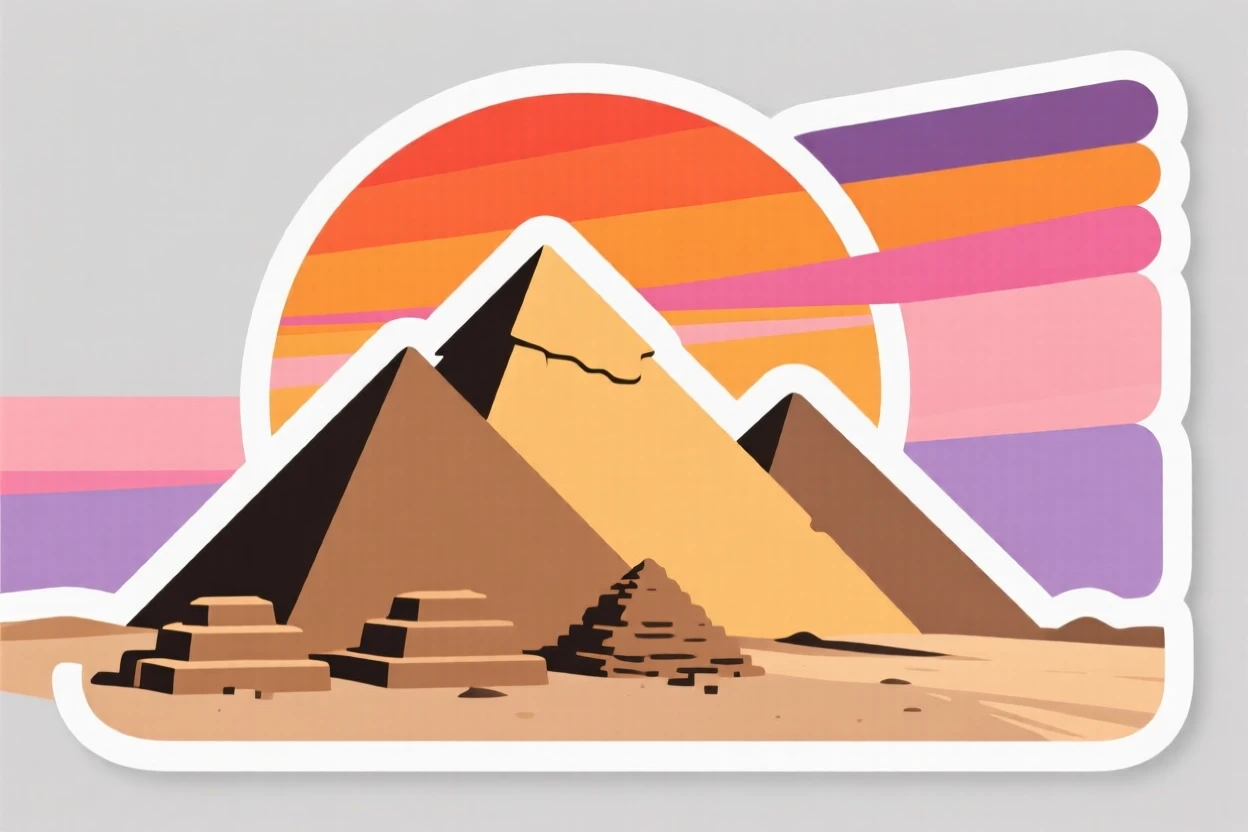 A culturally vibrant Egyptian pyramids under a golden sunset, under a sky streaked with warm colors, during a memorable journey abroad.