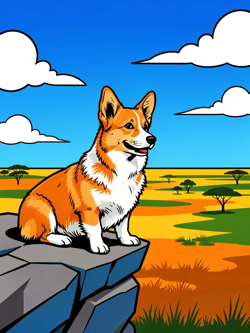 A corgi running through a field resting atop a rocky outcrop overlooking the savanna