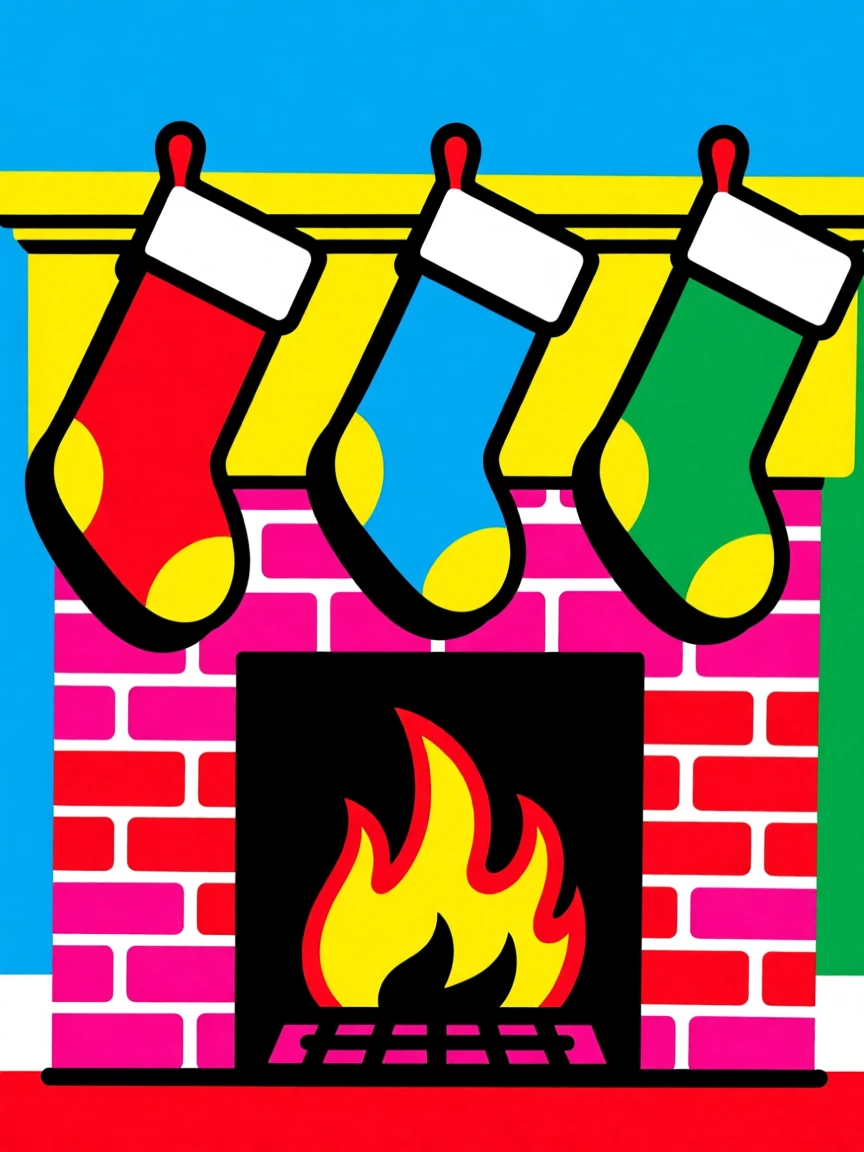 Christmas stockings hung by a fireplace