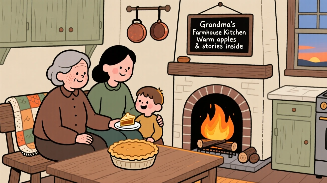 Three generations of a family gather around a fireplace hearth in the farmhouse kitchen, sharing a warm apple pie and stories as evening settles in outside.