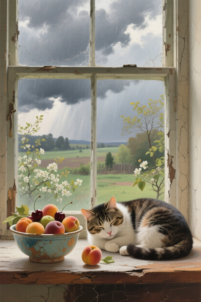 A sweeping wide shot of a sleepy cat curled on a windowsill beside a bowl of fruit, in late spring, beneath heavy grey storm clouds.