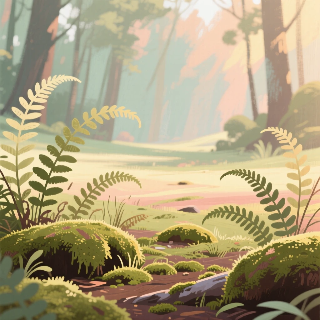 A forest clearing carpeted with wild ferns and moss