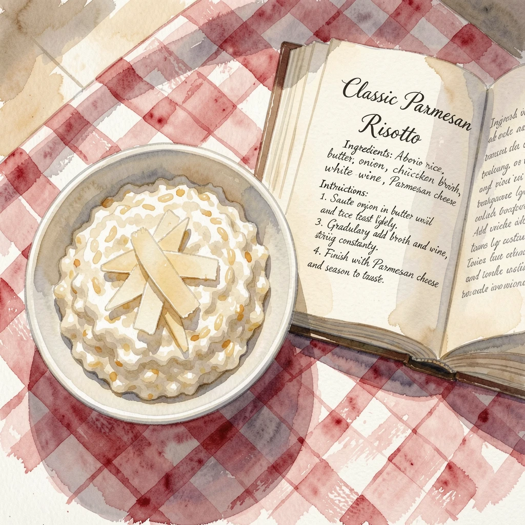 A bowl of creamy risotto with parmesan shavings on a checkered tablecloth next to an open cookbook.