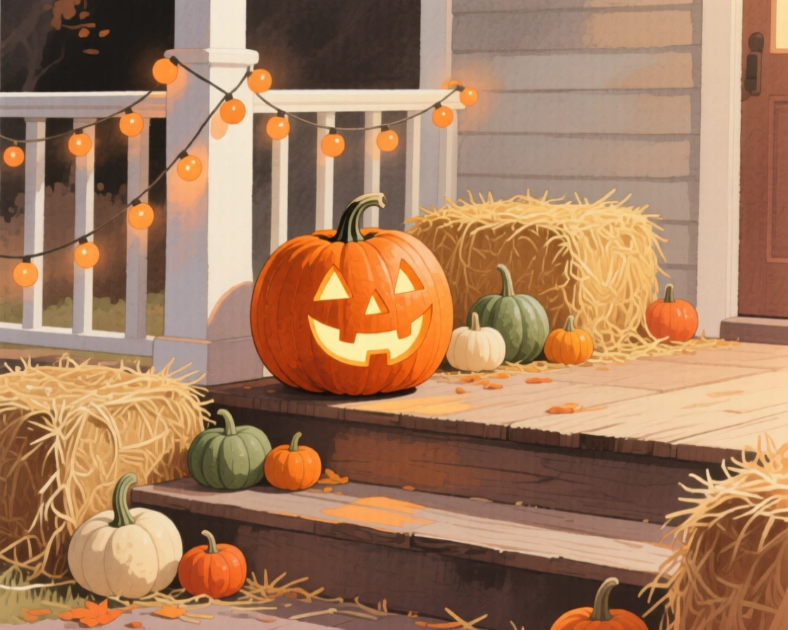 A jack-o-lantern grins on a porch step surrounded by hay bales, gourds, and strings of orange lights