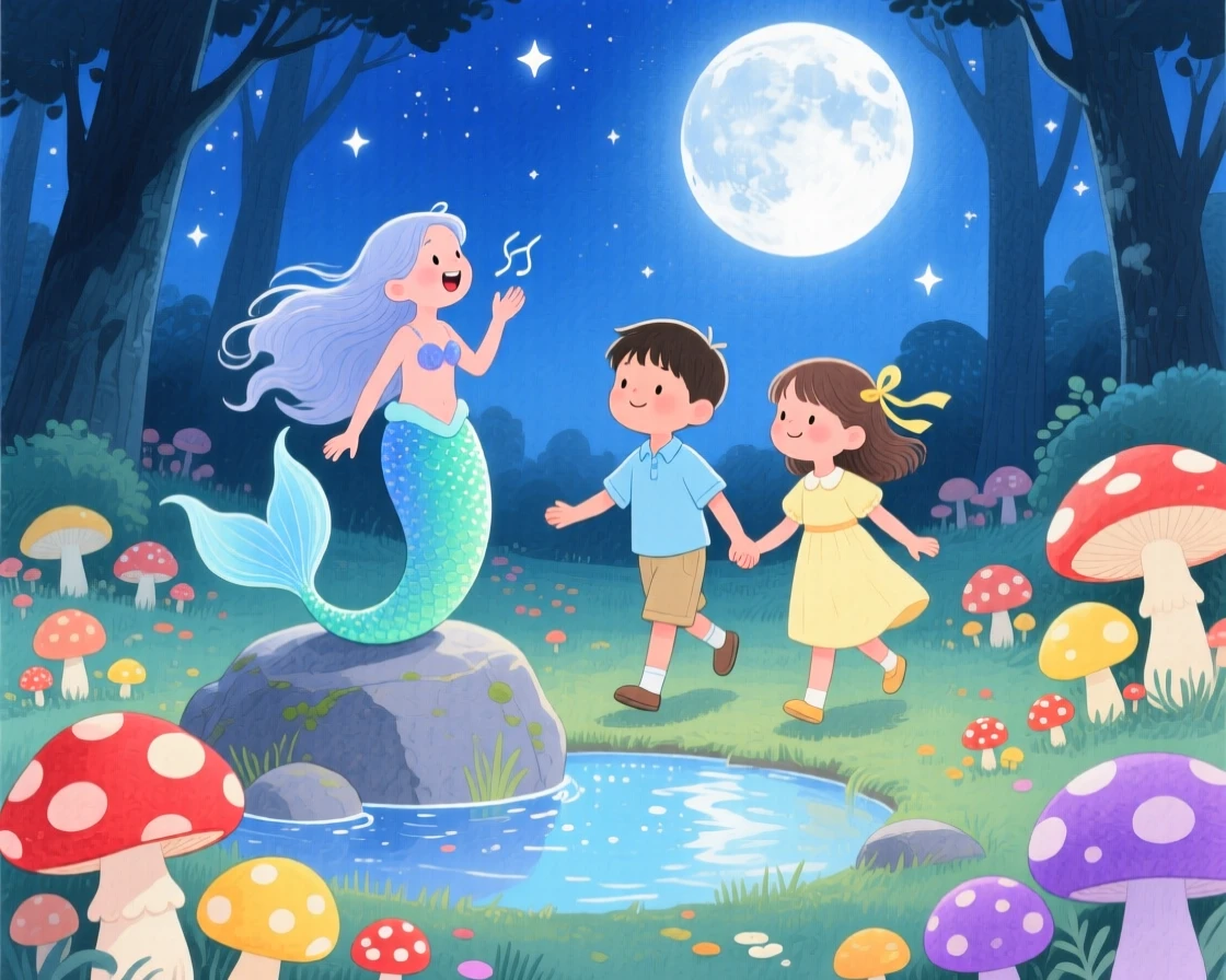Twin siblings holding hands discovering a moonlit clearing full of mushrooms for the first time, greeted by a singing mermaid.