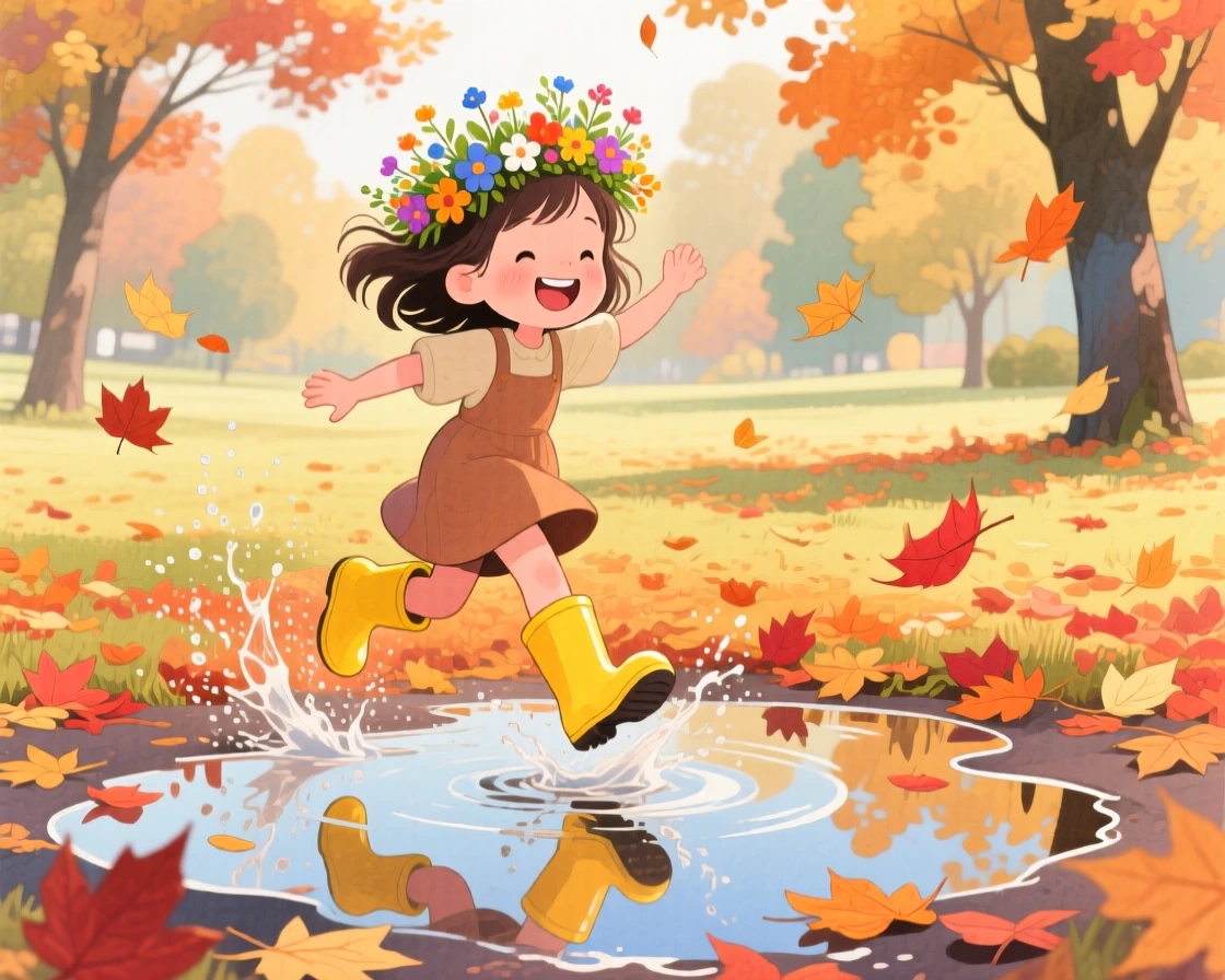 A girl with a flower crown jumping through puddles in bright yellow rain boots, in a park filled with autumn leaves, showing the magic of a simple, joyful moment.