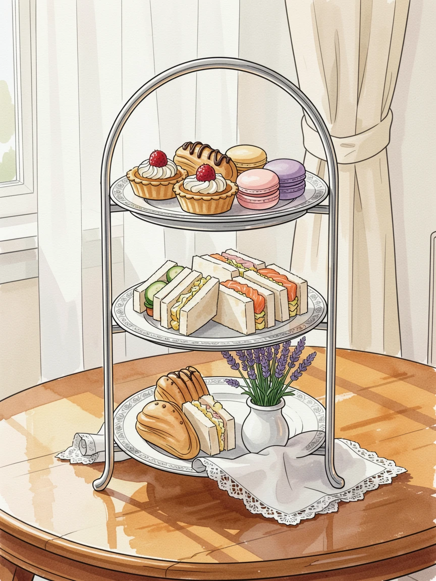 A tiered afternoon tea stand with delicate pastries and finger sandwiches, the aroma almost palpable in the soft afternoon light.