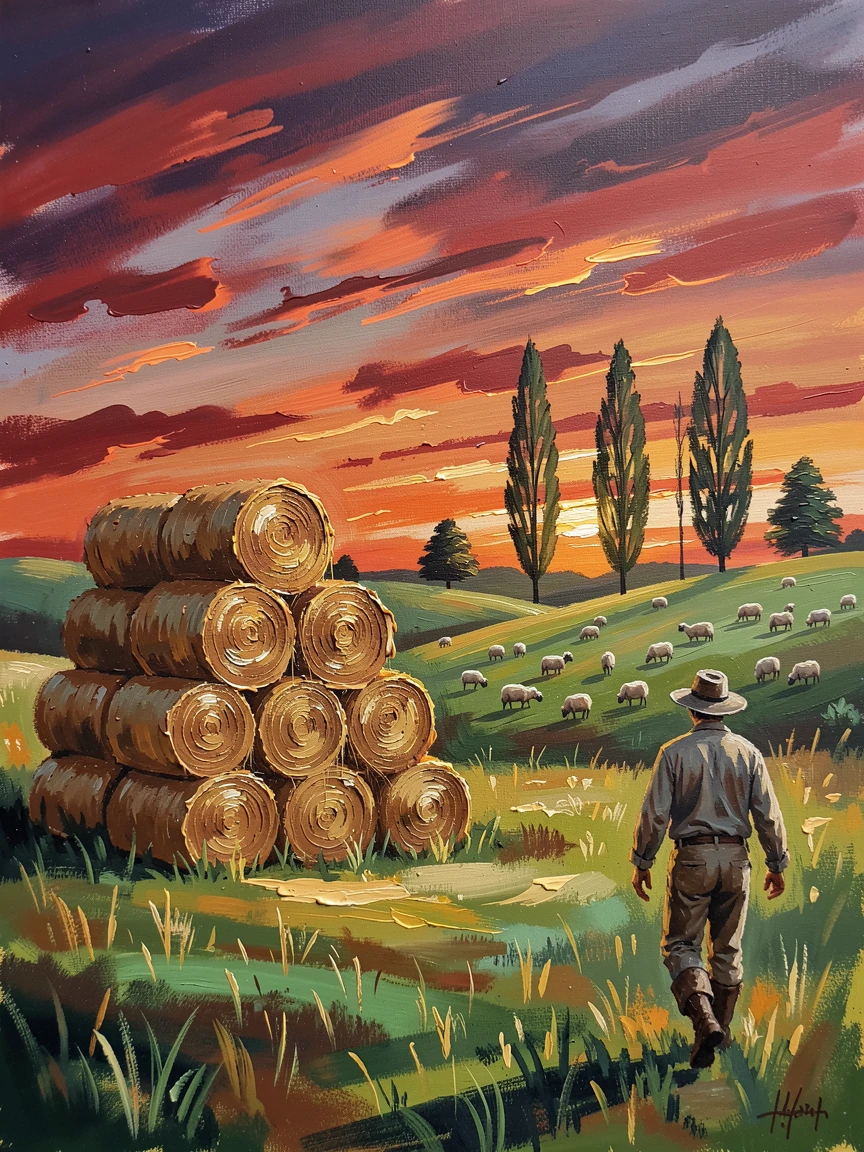 Beside stacked hay bales catching the afternoon light, rolling green hills dotted with grazing sheep, a farmer walking along the edge of the field at dusk, at sunset, silhouettes of trees standing against a fiery sky.