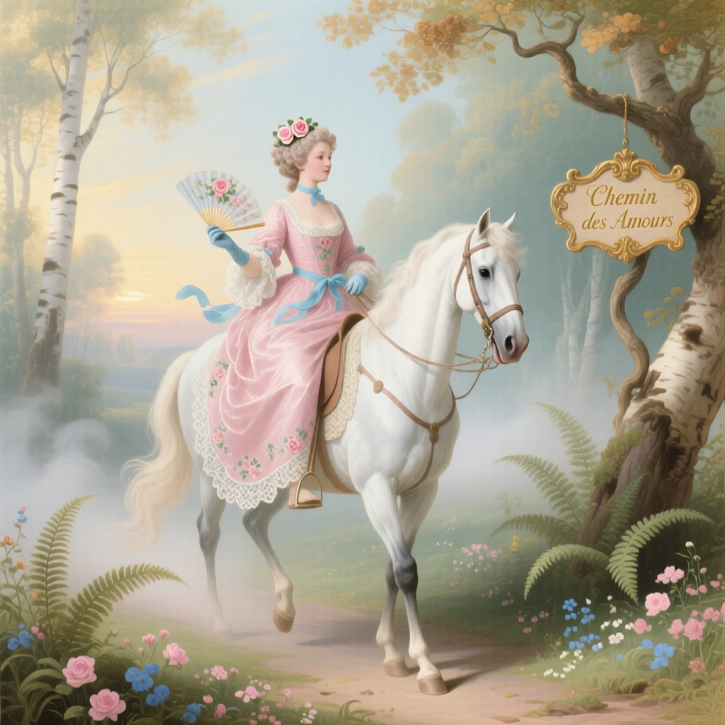A lady riding side-saddle through a misty woodland trail  