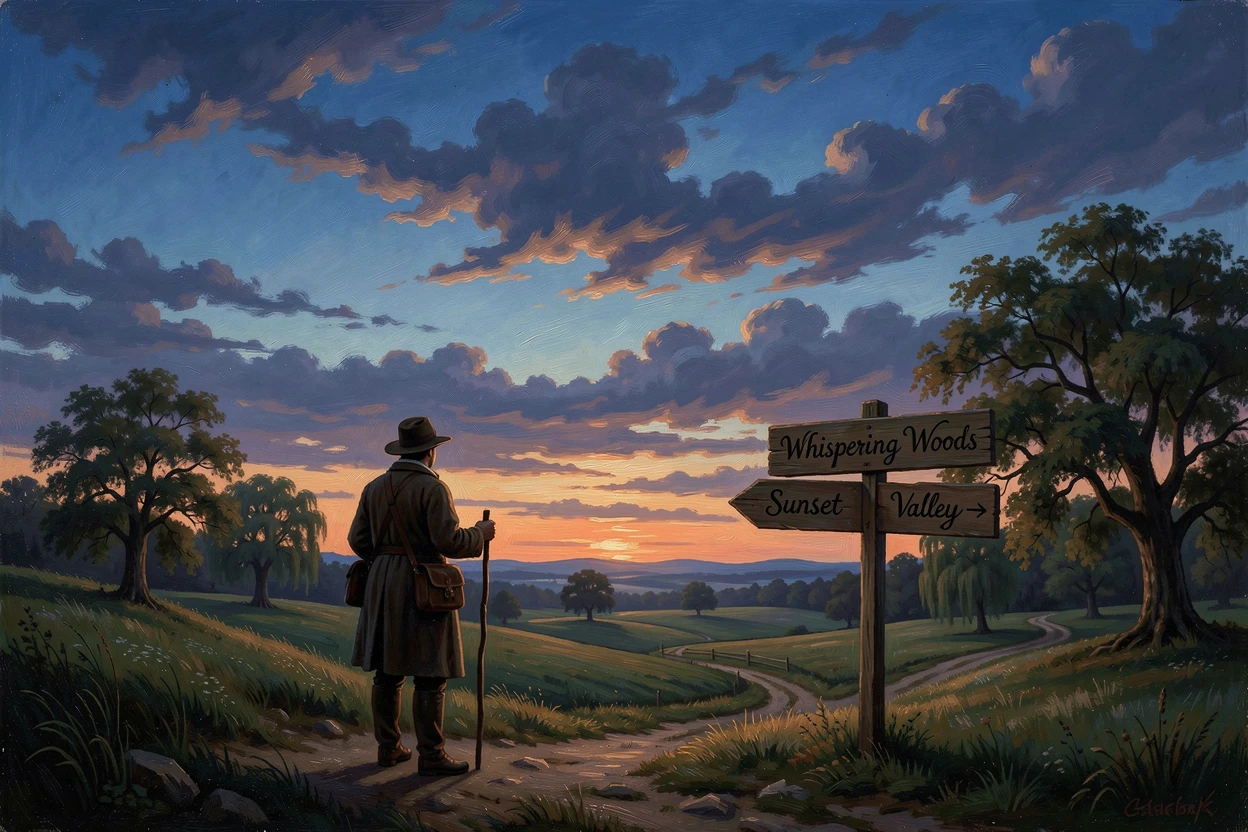 A traveler is silhouetted against a sky darkening into deep blue twilight over a peaceful countryside.