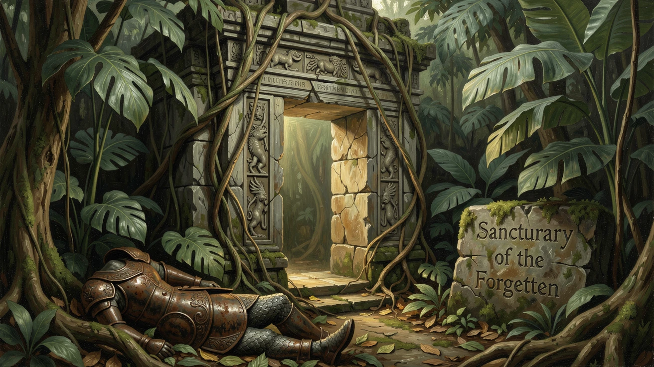 A hidden temple entrance glowing faintly within a dense, ancient jungle, with intricate textures on armor, scales, or ancient stone, evoking wonder, mystery, and epic storytelling
