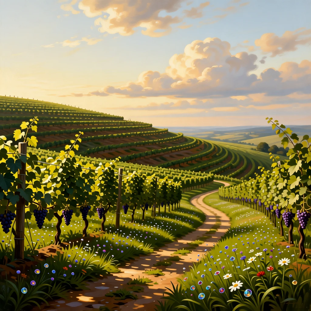 A terraced vineyard rolling across sunlit hillsides alive with the quiet motion of wind and water, set within reach of a winding country path, with wildflowers scattered like scattered jewels across the green; a low horizon line gives dramatic weight to an expansive sky, radiating the serene majesty of untouched nature.