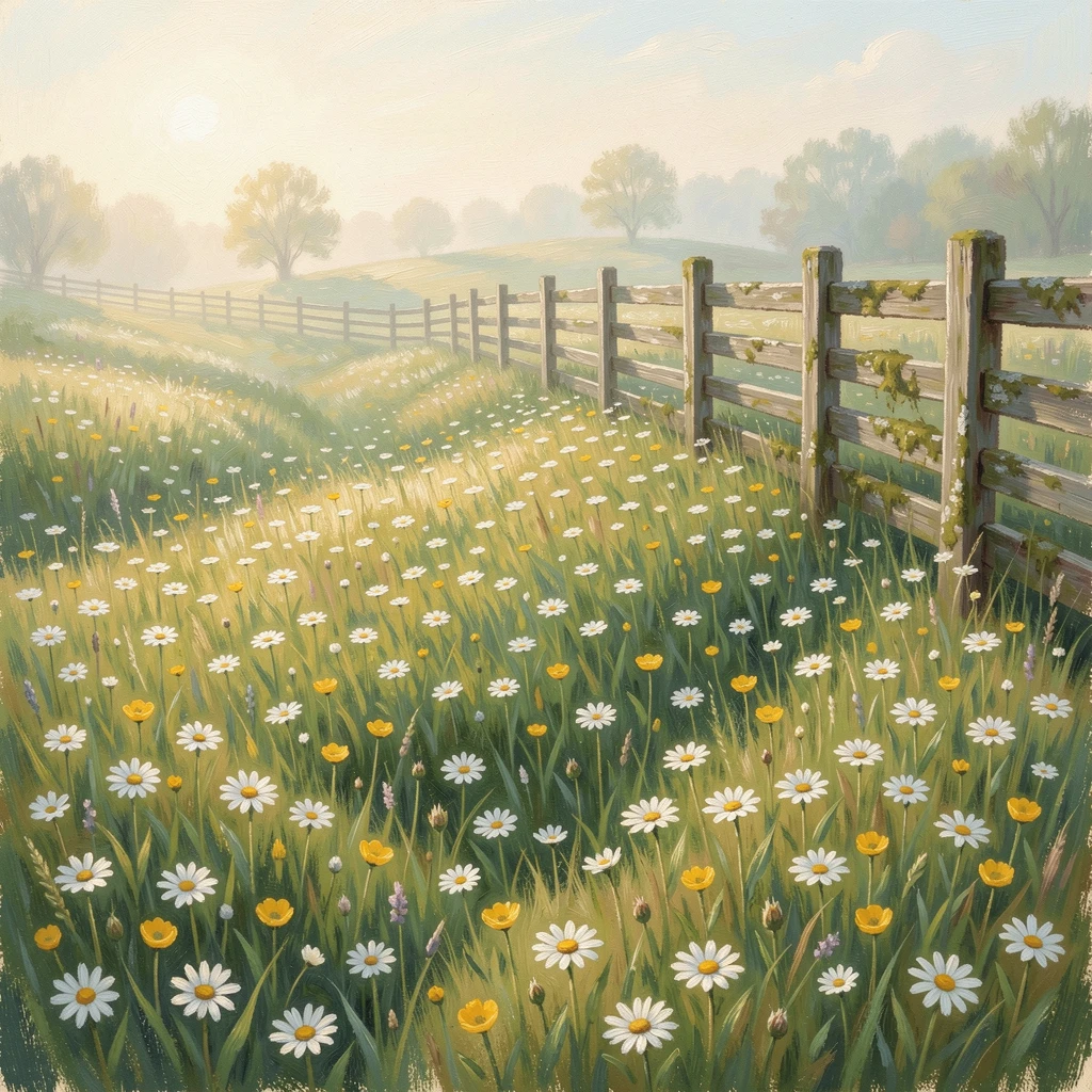 A peaceful meadow filled with wild daisies and buttercups, a weathered wooden fence marking the edge of a farm, just as the first blossoms of spring appear, evoking a sense of peace and quiet wonder.
