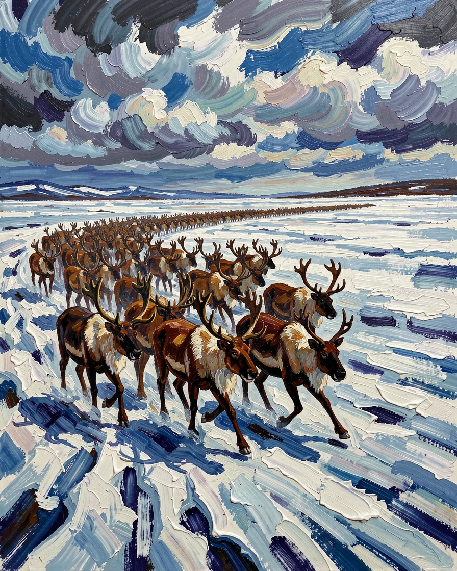 A herd of caribou migrating across a vast, snow-dusted tundra.