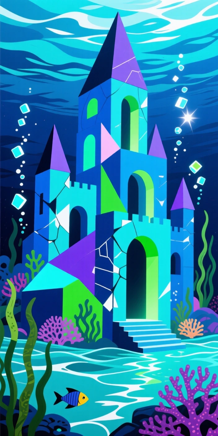 An underwater palace glowing with bioluminescent light deep beneath the ocean.
