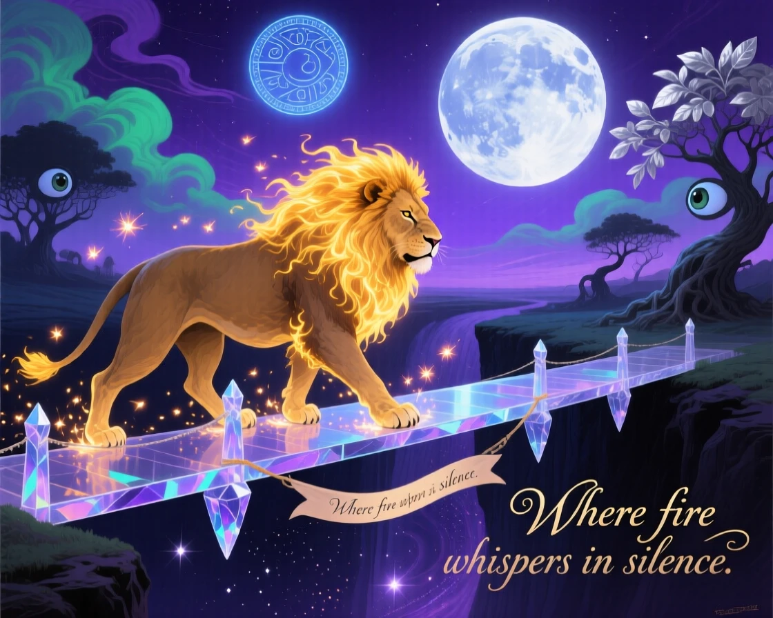 A lion with a mane made of golden flames that never burn walks across a bridge suspended between two moons, while tiny sparks of light trail behind its every step.