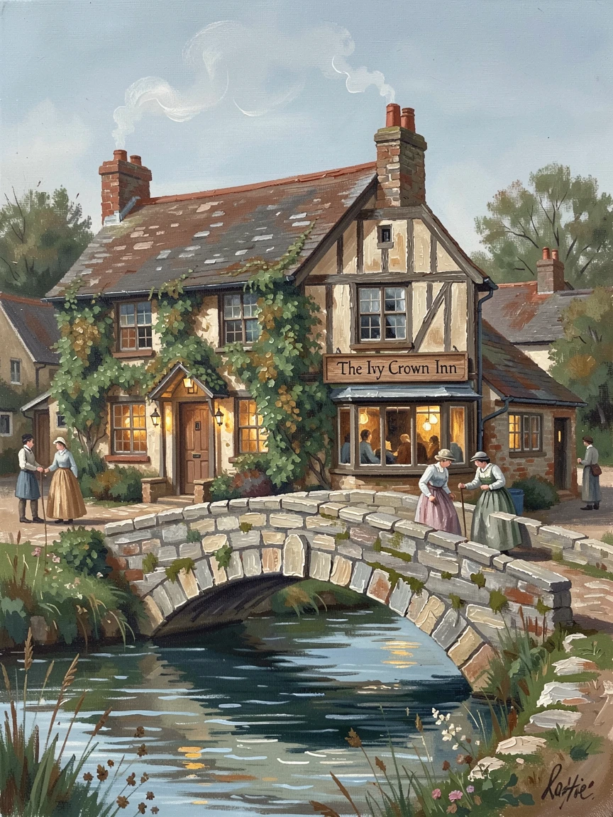 A rustic English village pub sits beside a stone bridge over a gentle stream, ivy climbing its walls as smoke drifts from the chimney, distant figures going about their day, lending the scene a sense of genuine daily life.