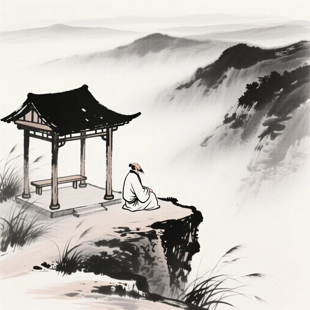A traveler rests at a roadside pavilion overlooking a misty valley, as a gentle wind stirs the surrounding grass.