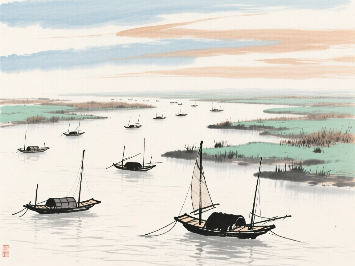 A wide river delta dotted with small fishing boats, under a sky streaked with clouds, in the mild days of early winter, brimming with peaceful contentment.