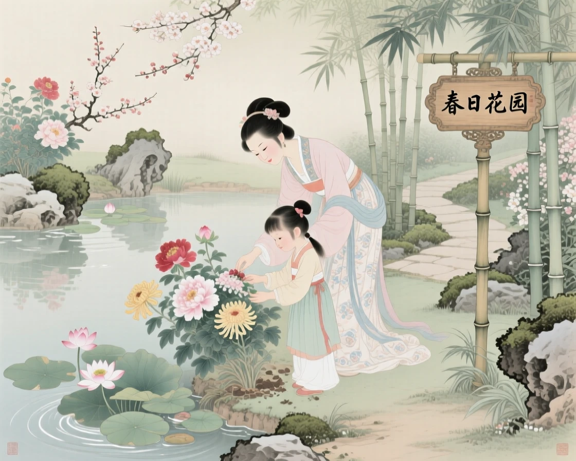 A mother and daughter planting flowers together in a spring garden, beside a quiet garden pond
