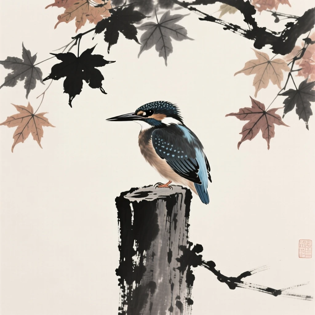 A kingfisher resting on a weathered wooden post beneath a canopy of autumn maple leaves, seen up close with delicate feather detail, capturing a fleeting moment of natural beauty.