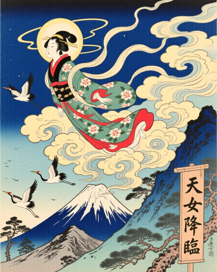 A descending celestial maiden riding a swirling storm cloud above the peaks.