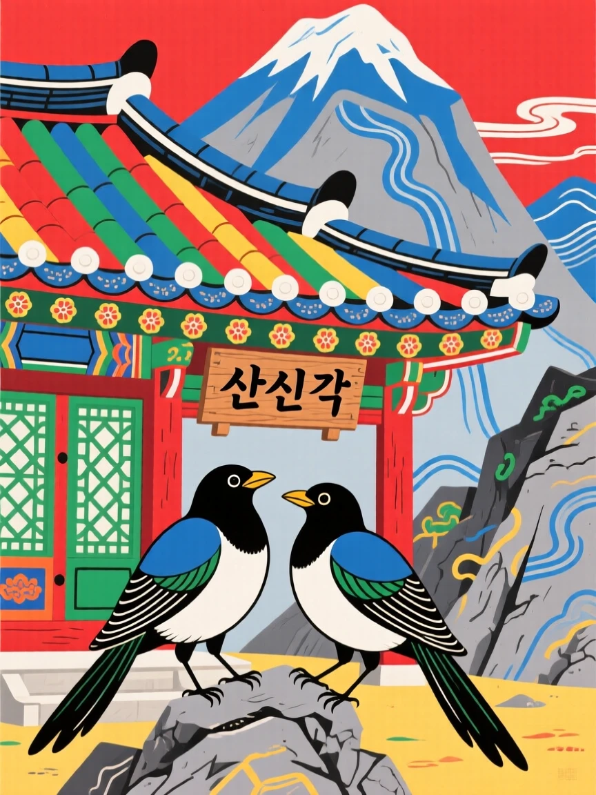 A pair of magpies, resting beside a sacred mountain shrine.