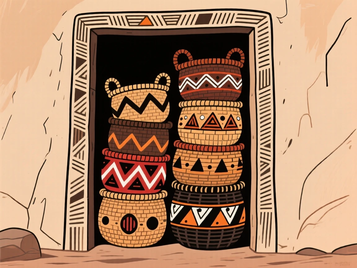 A collection of hand-woven baskets stacked in a doorway.