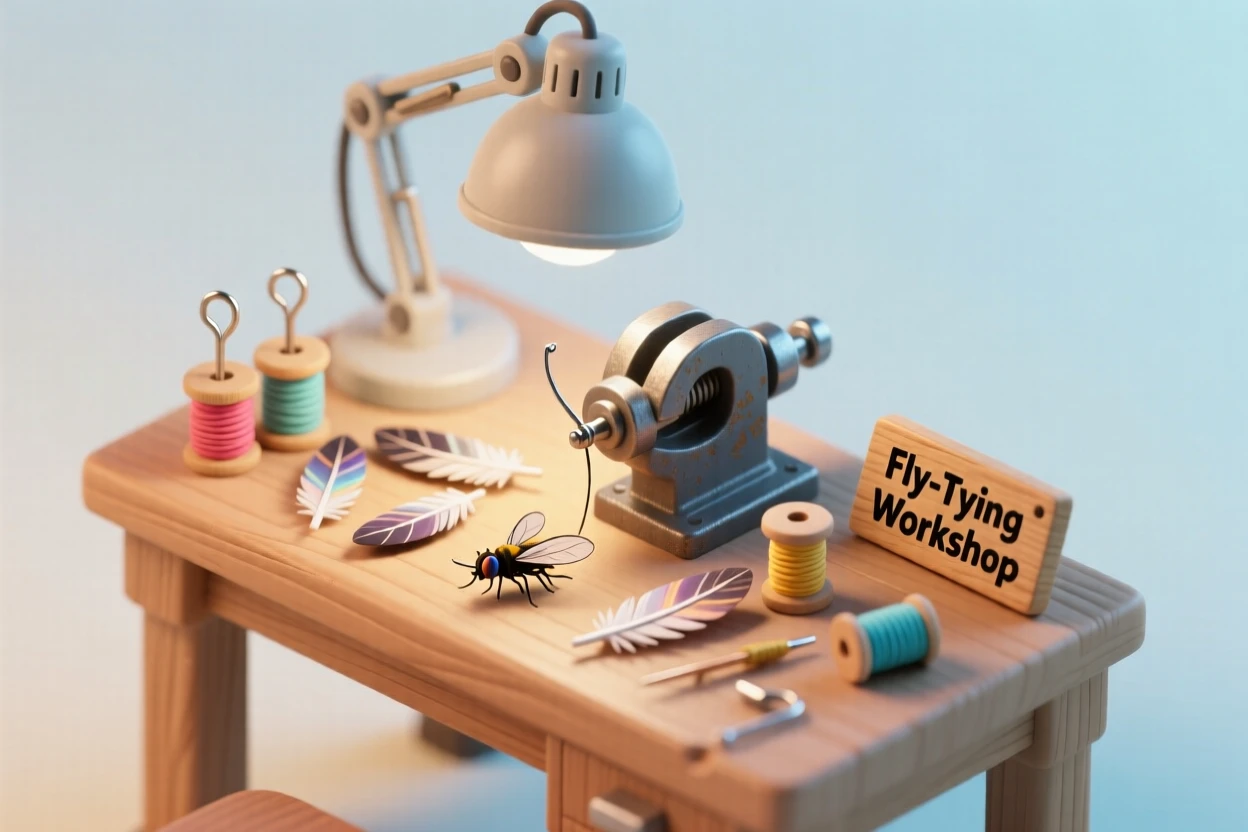 A fly-tying workbench with feathers and thread wound around tiny hooks, a vise holding the work steady under a lamp.