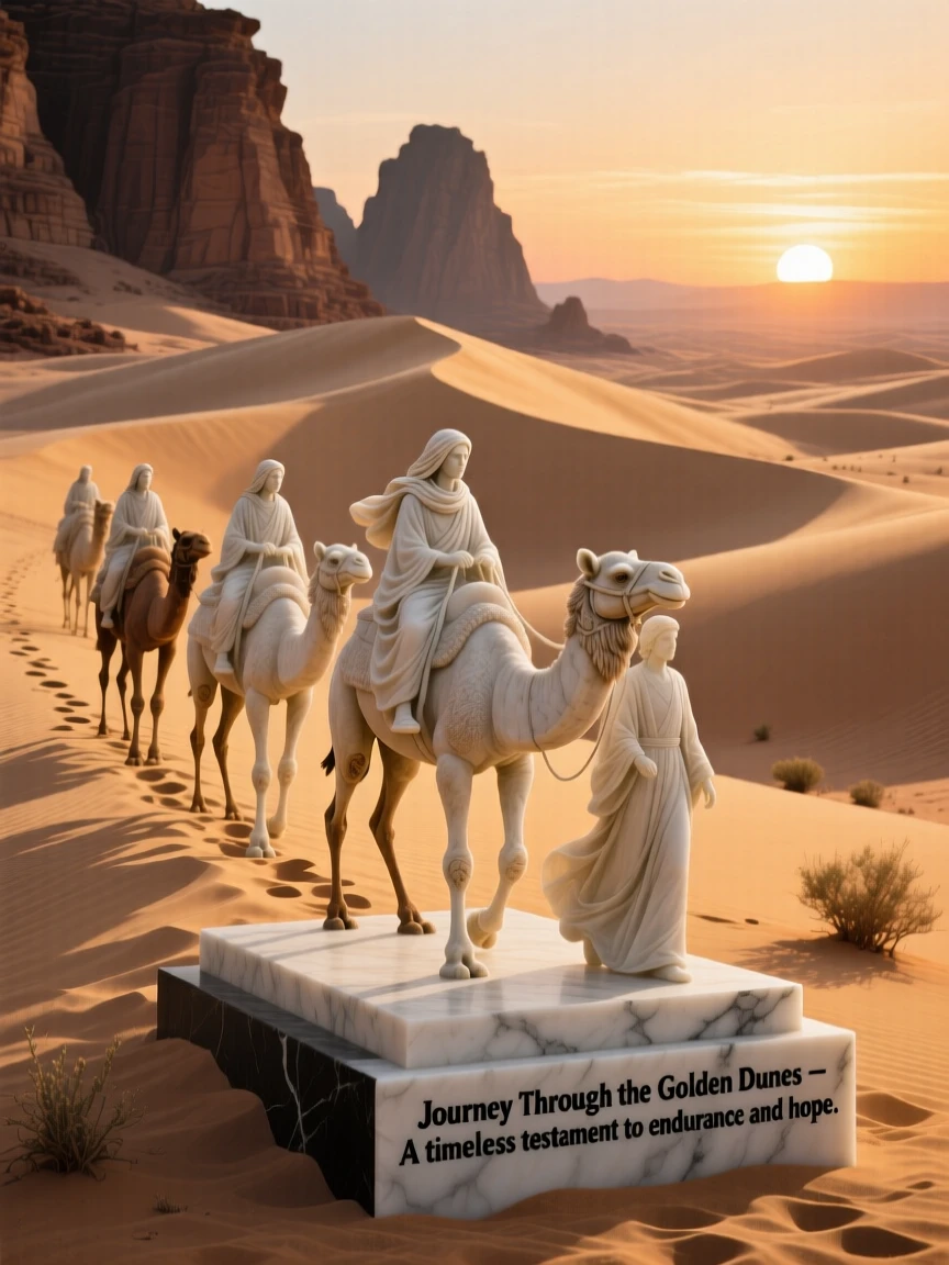 A vivid, emotionally rich scene of a caravan crossing golden desert dunes at sunset, framed by dramatic natural scenery, designed to captivate and inspire