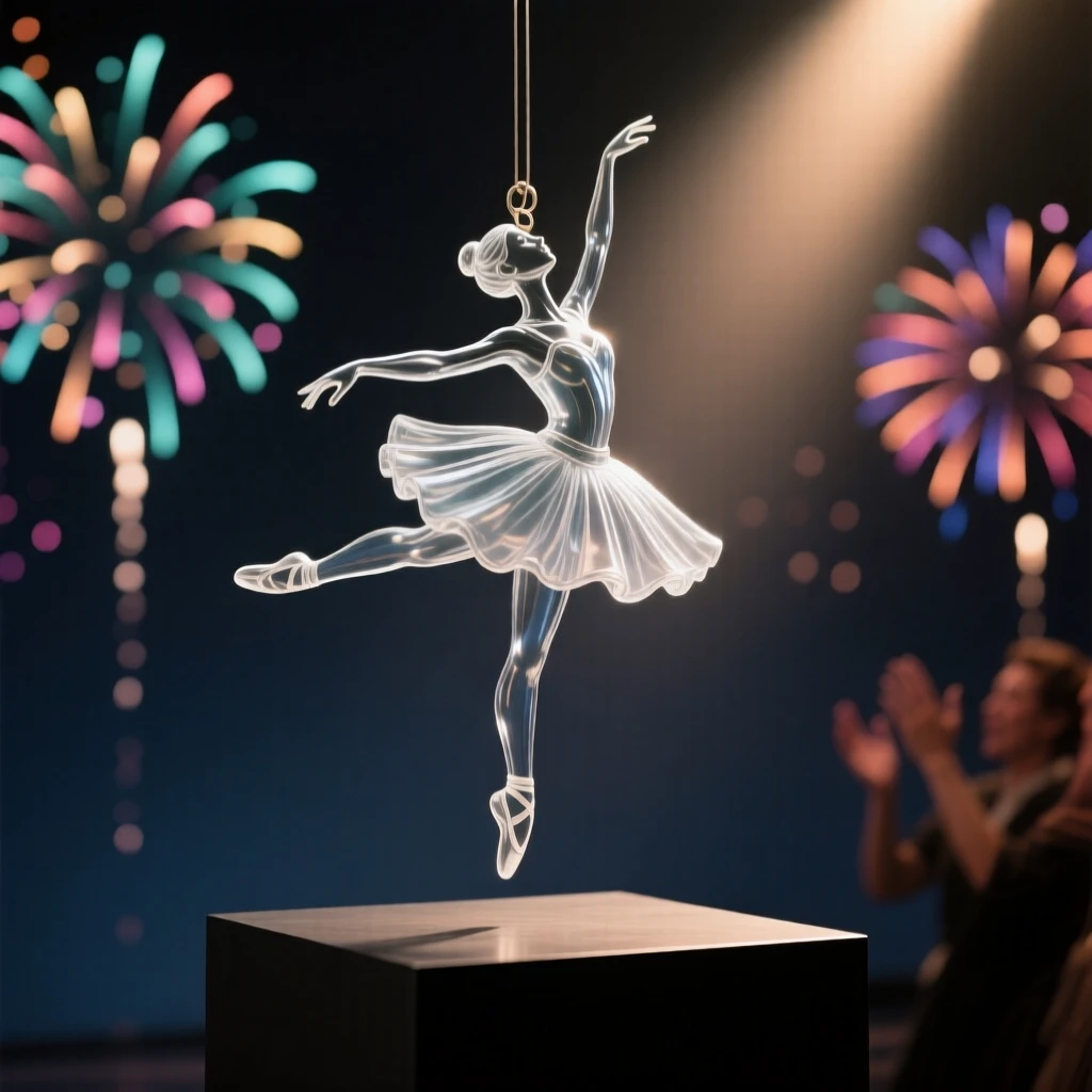 With the sound of applause rising from an unseen audience, a ballerina caught mid-leap in a beam of soft stage light, while distant fireworks light up the night sky