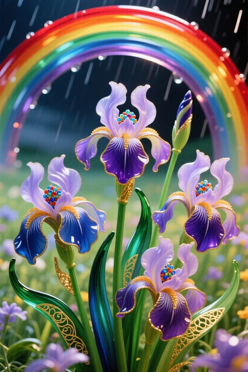 A field of blooming iris flowers beneath a rainbow after a storm, hopeful and vivid.