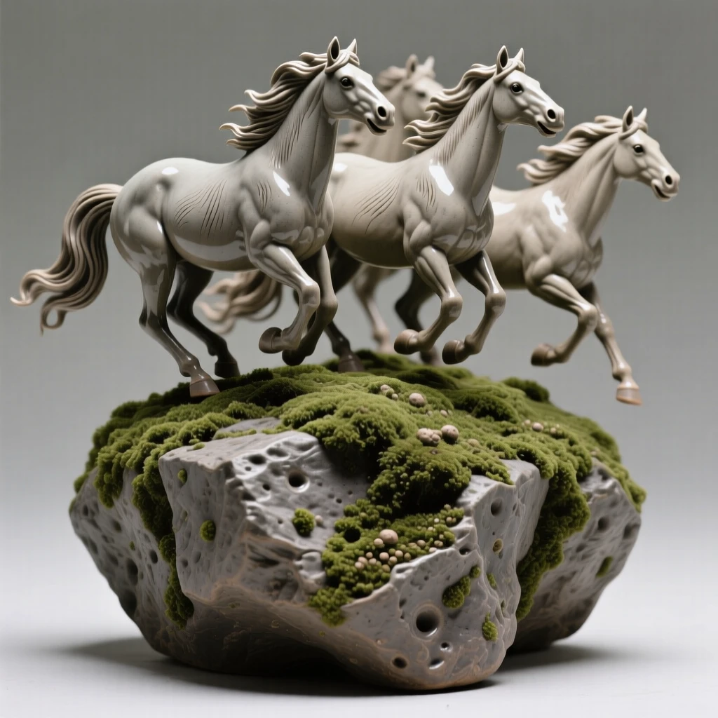 A herd of wild horses galloping perched alertly atop a mossy boulder, with wind rippling through its fur, filling the scene with playful, heartwarming charm.
