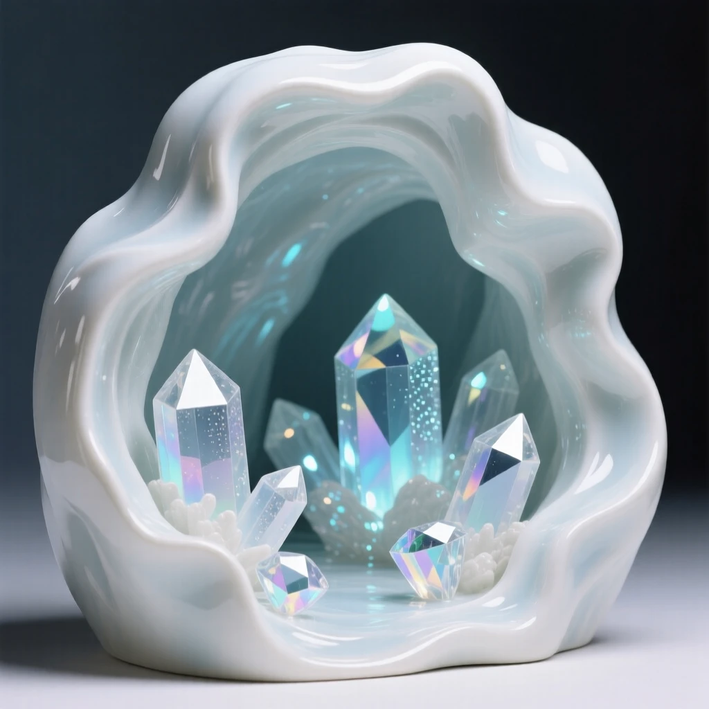 A magical crystal cave filled with luminous gems, a sense of quiet wonder filling the scene.