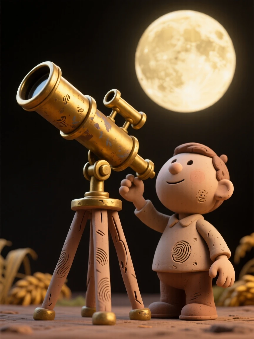 An antique brass telescope aimed at a rising harvest moon