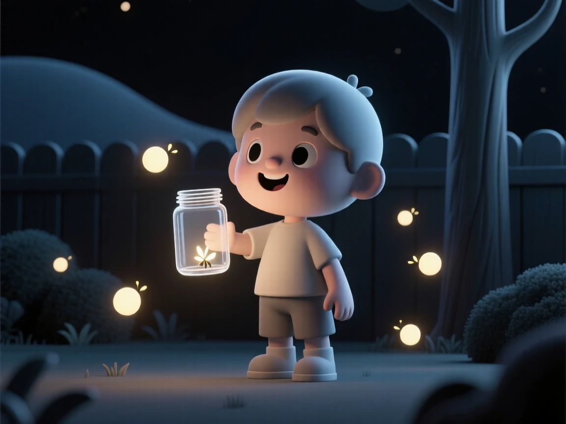A delighted child watches fireflies blink across a dark backyard, mason jar ready to catch a gentle glow.