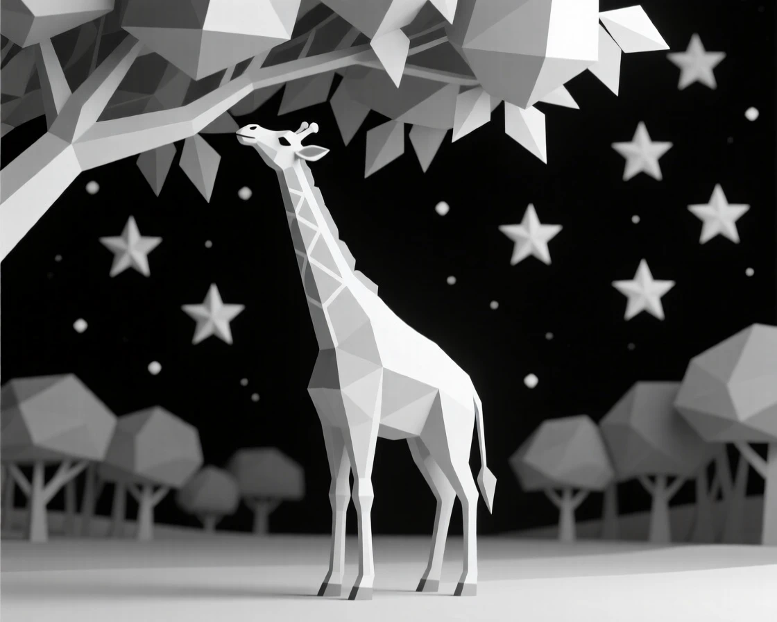 A giraffe reaching into the treetops, beneath a canopy of stars. the framing draws the eye directly to its gaze. There is a sense of quiet wonder.