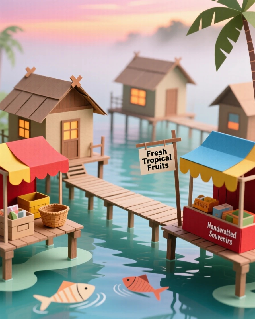 A tropical stilt village over clear water quiet and misty at early dawn, with vibrant market stalls scattered about, capturing the romance of travel.