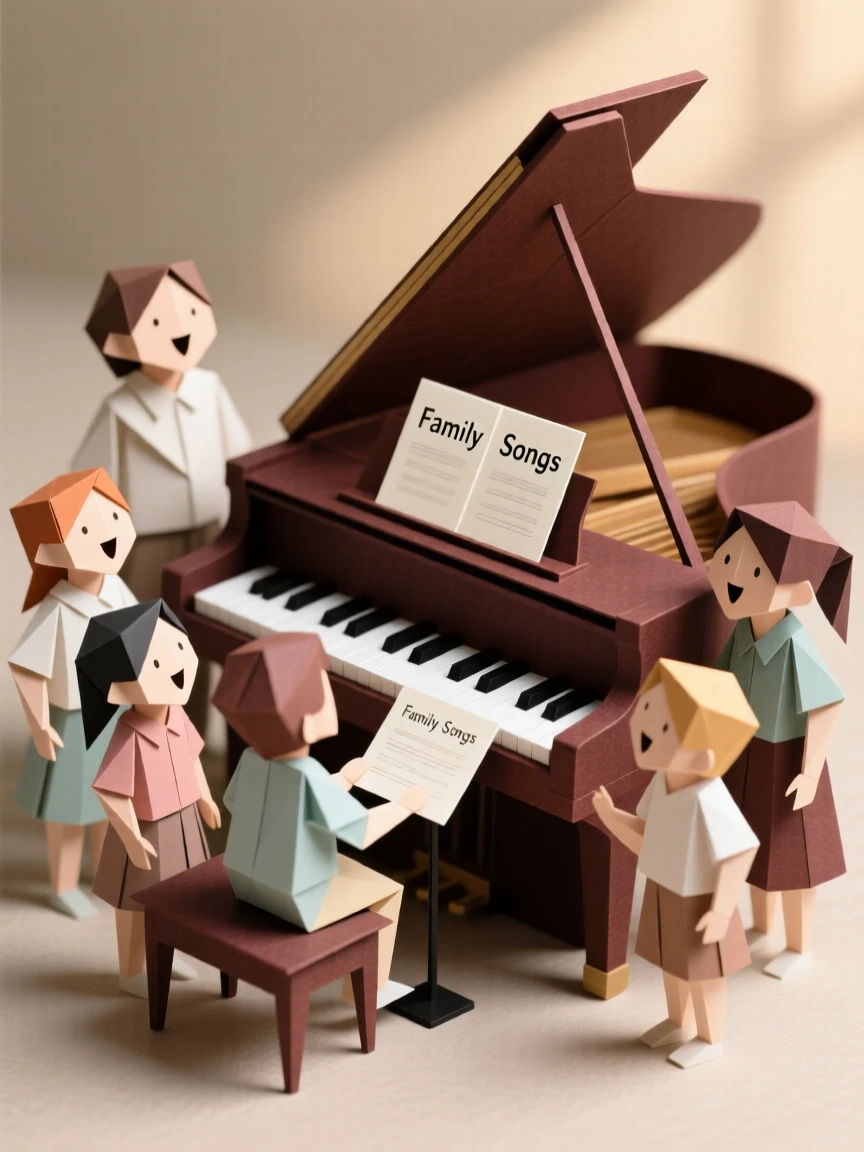 A group of children singing around a piano during a family gathering.